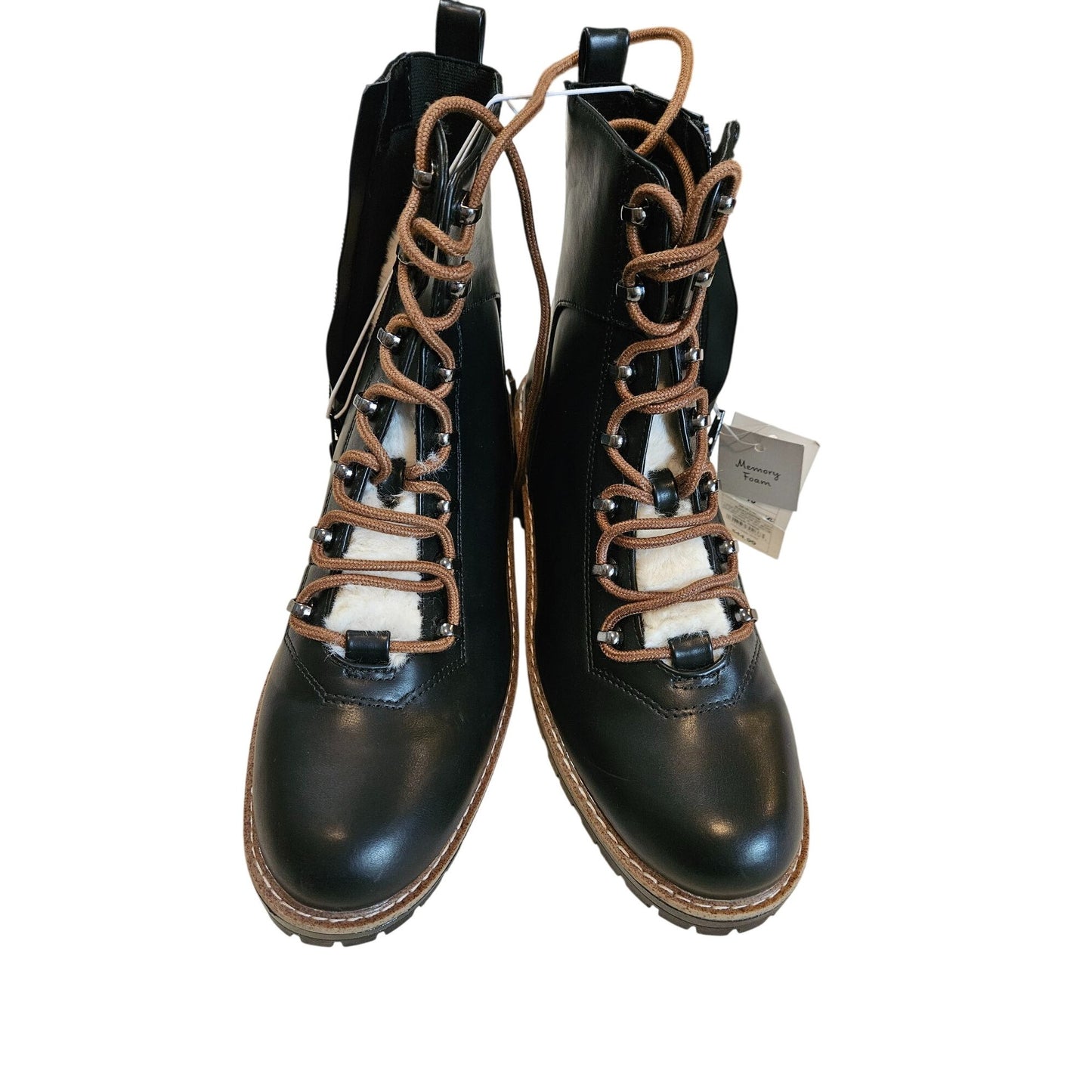 Black Leather Lace-Up Combat Boots With Faux Fur Lining & Side Zipper - Size 10