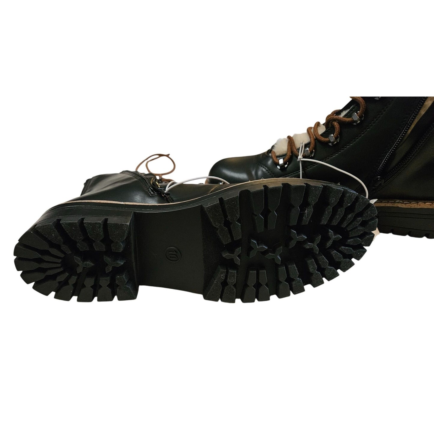 Black Leather Lace-Up Combat Boots With Faux Fur Lining & Side Zipper - Size 10