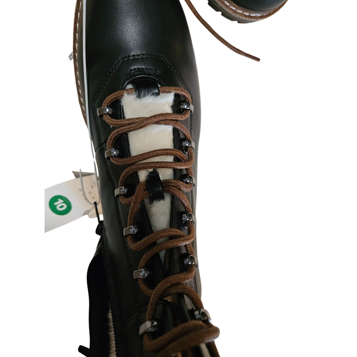 Black Leather Lace-Up Combat Boots With Faux Fur Lining & Side Zipper - Size 10