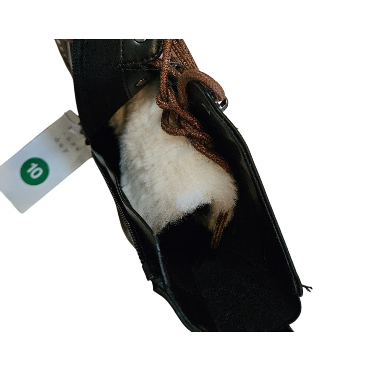 Black Leather Lace-Up Combat Boots With Faux Fur Lining & Side Zipper - Size 10